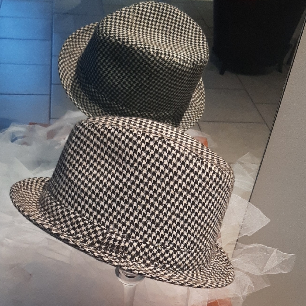 ALTERNATIVE🖤Black and White Houndstooth WOOL FEDORA Hat🤍COOL🦉INSIDE FABRIC